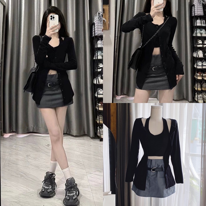 ĐẦM SET ÁO CROPTOP DÂY YẾM ÔM BODY + CHÂN VÁY NGẮN CHỮ A LƯNG CAO TÚI HỘP + ÁO KHOÁC CARDIGAN ĐI CHƠI ĐI TIỆC DẠO PHỐ  ĐI BIỂN