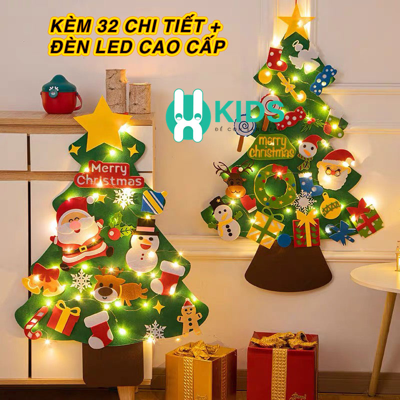 Cây thông noel vải dạ cỡ lớn treo dán tường kèm đèn LED có 32 phụ kiện trang trí giáng sinh cho bé