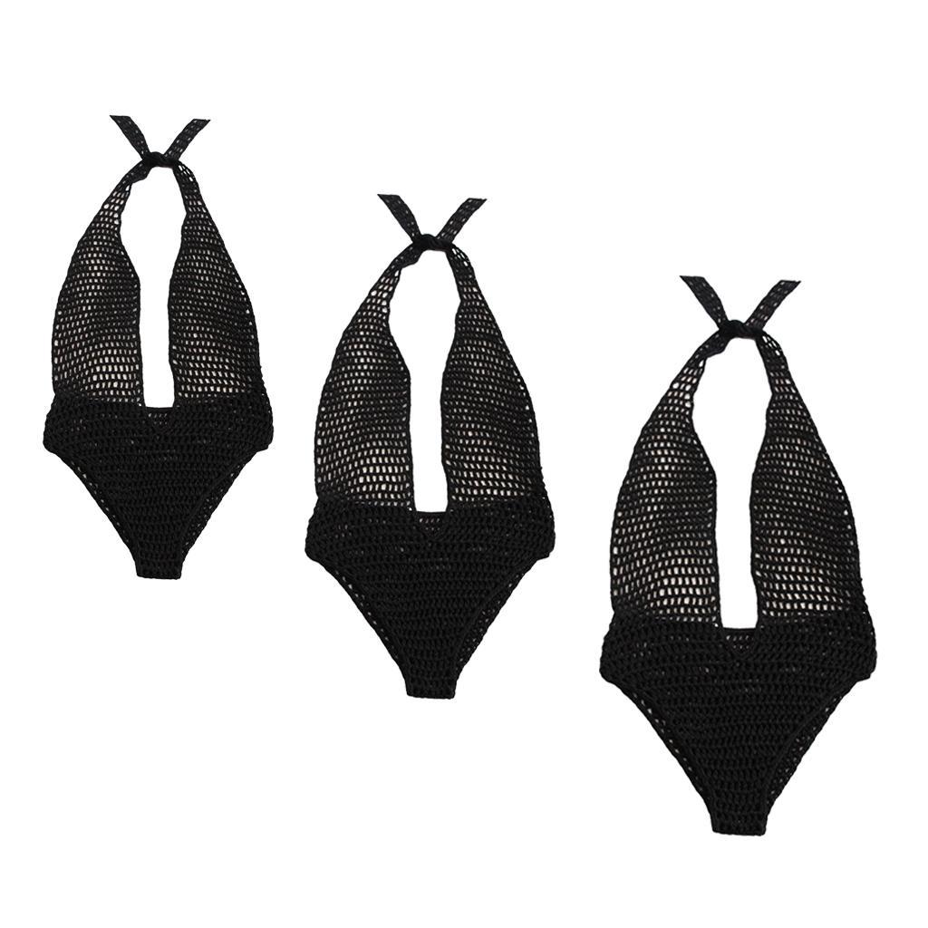 Fashion Women Ladies Black One Piece Crochet Knit Beach Bikini Monokini Swimwear Halter Deep V-neck Beachwear