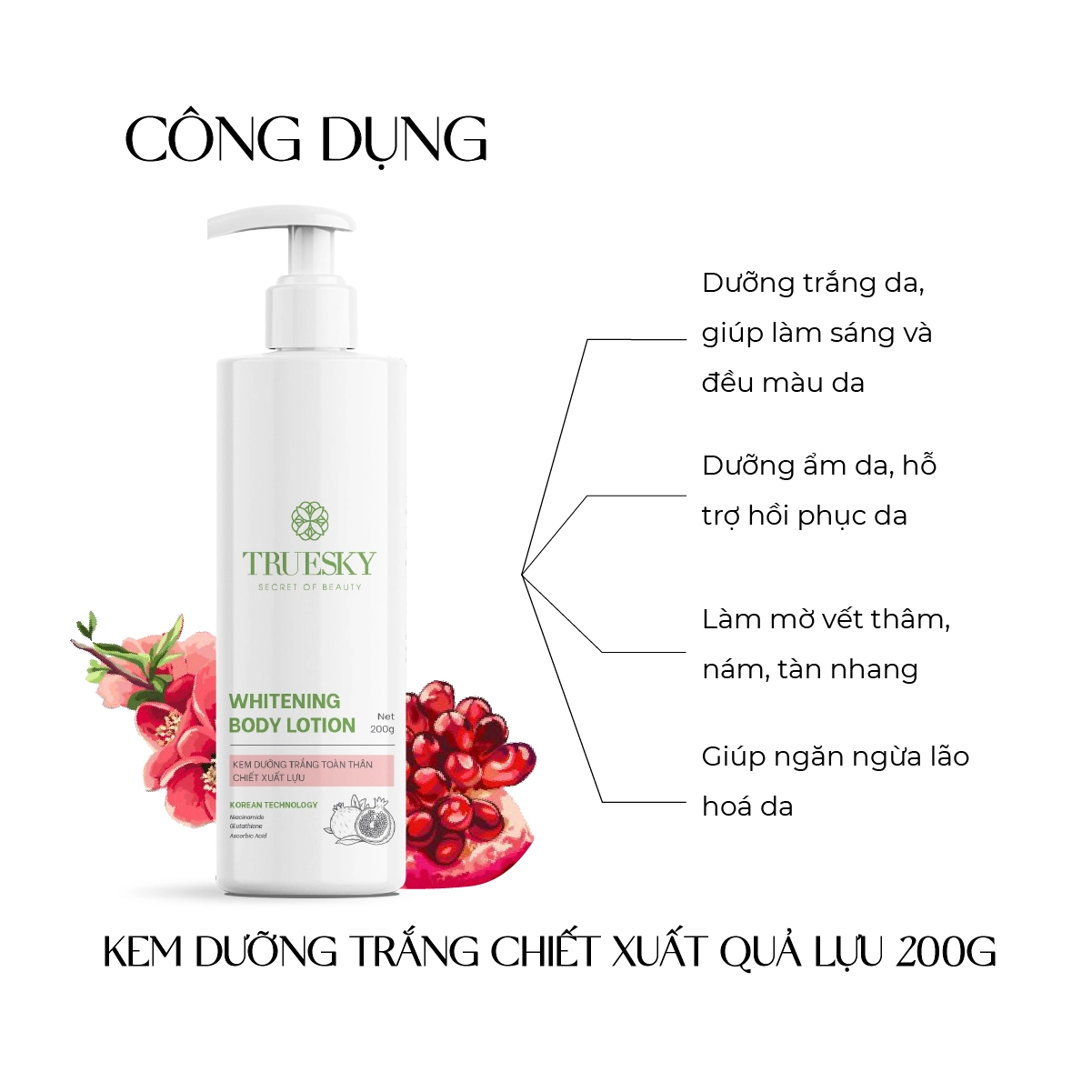 Kem body dưỡng trắng da chiết xuất lựu Truesky Whitening Body Lotion