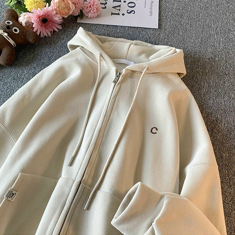 Áo Hoodie nữ zip unisex - khoác nỉ bông Ulzzang, mũ áo 2 lớp, thân 1 lớp có thêu hình chữ C