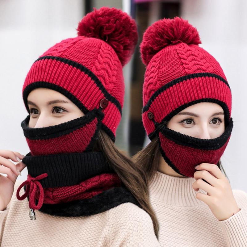3 Mùa Đông Trẻ Em Bò Mũ Khăn Miệng Nạ Đắp Mặt Dệt Kim Bò Ấm Trang Trượt Tuyết Ngoài Trời Mũ Pompom Bé Gái Bé Trai trẻ Em Mặt Giữ Ấm