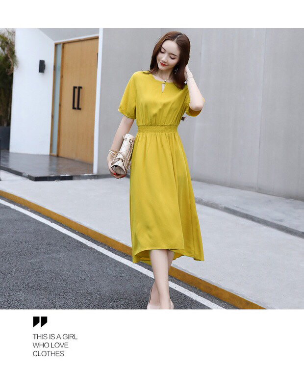 Đầm suông voan eo nhún thun màu vàng vintage - VN111801