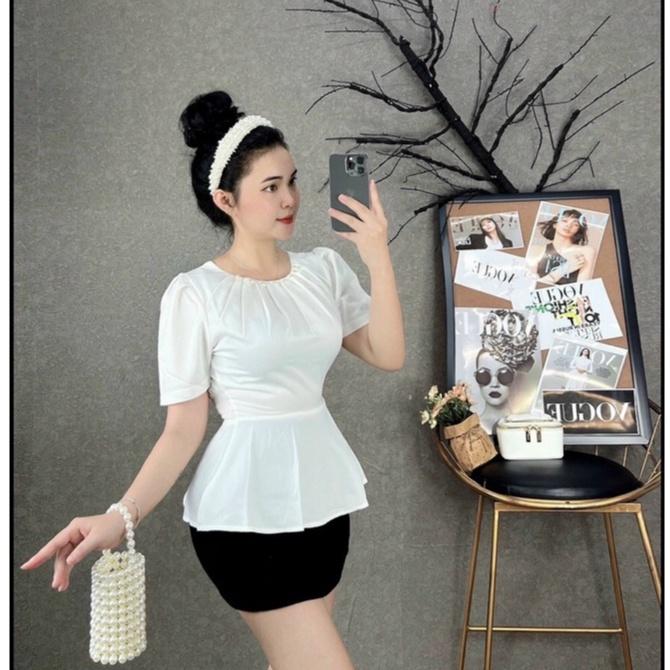 [L2M] Áo sơ mi kiểu nữ peplum CỔ XẾP LY ĐÍNH NGỌC có chun lưng giấu bụng hiệu quả