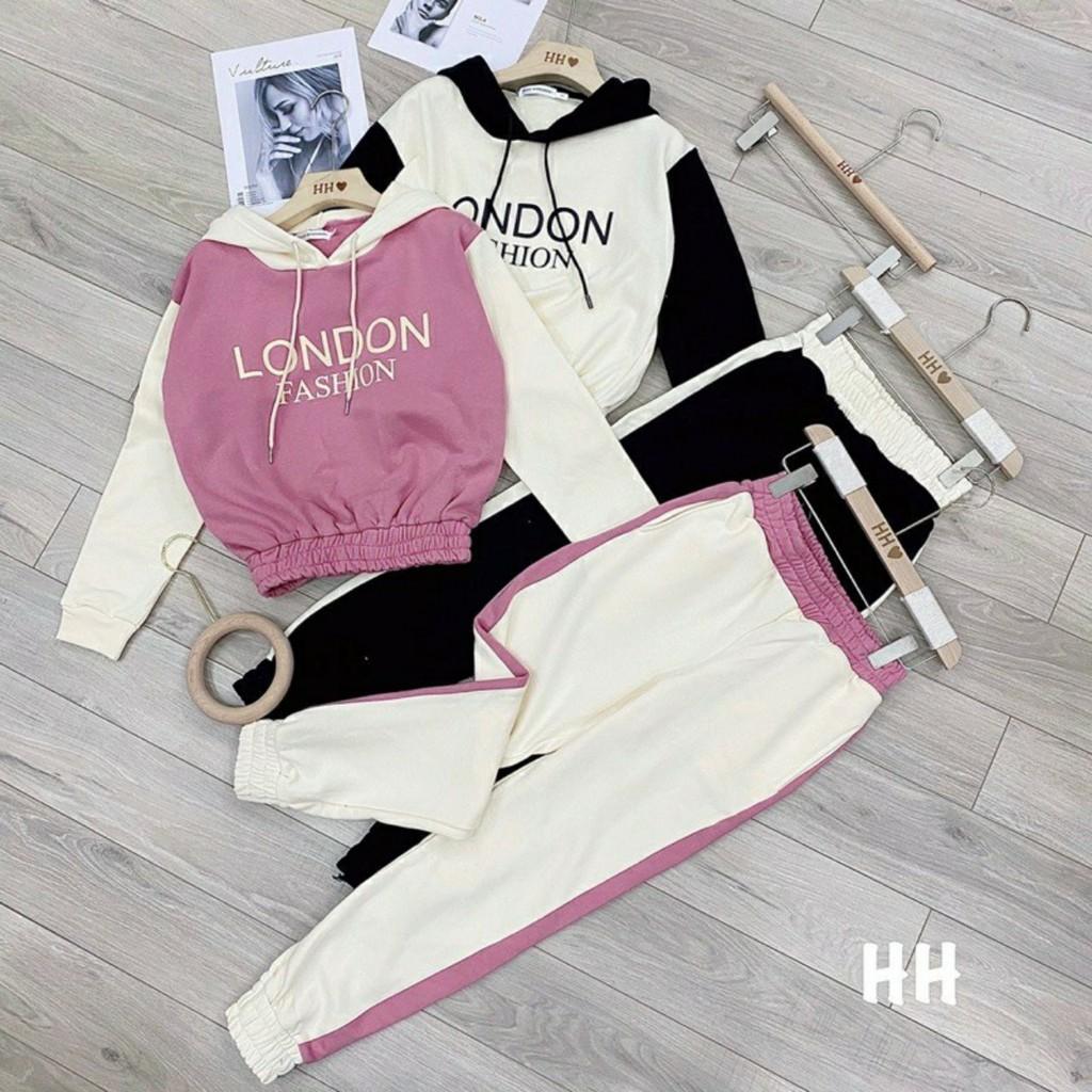 Đồ bộ thể thao thu đông phối màu có mũ in chữ LONDON