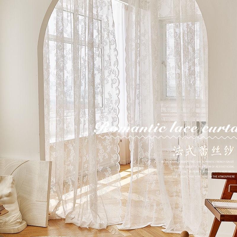 Rèm cửa sổ vải ren, rèm cửa phối ren hoạ tiết hoa trắng cực tây, trang trí phòng phong cách bắc âu