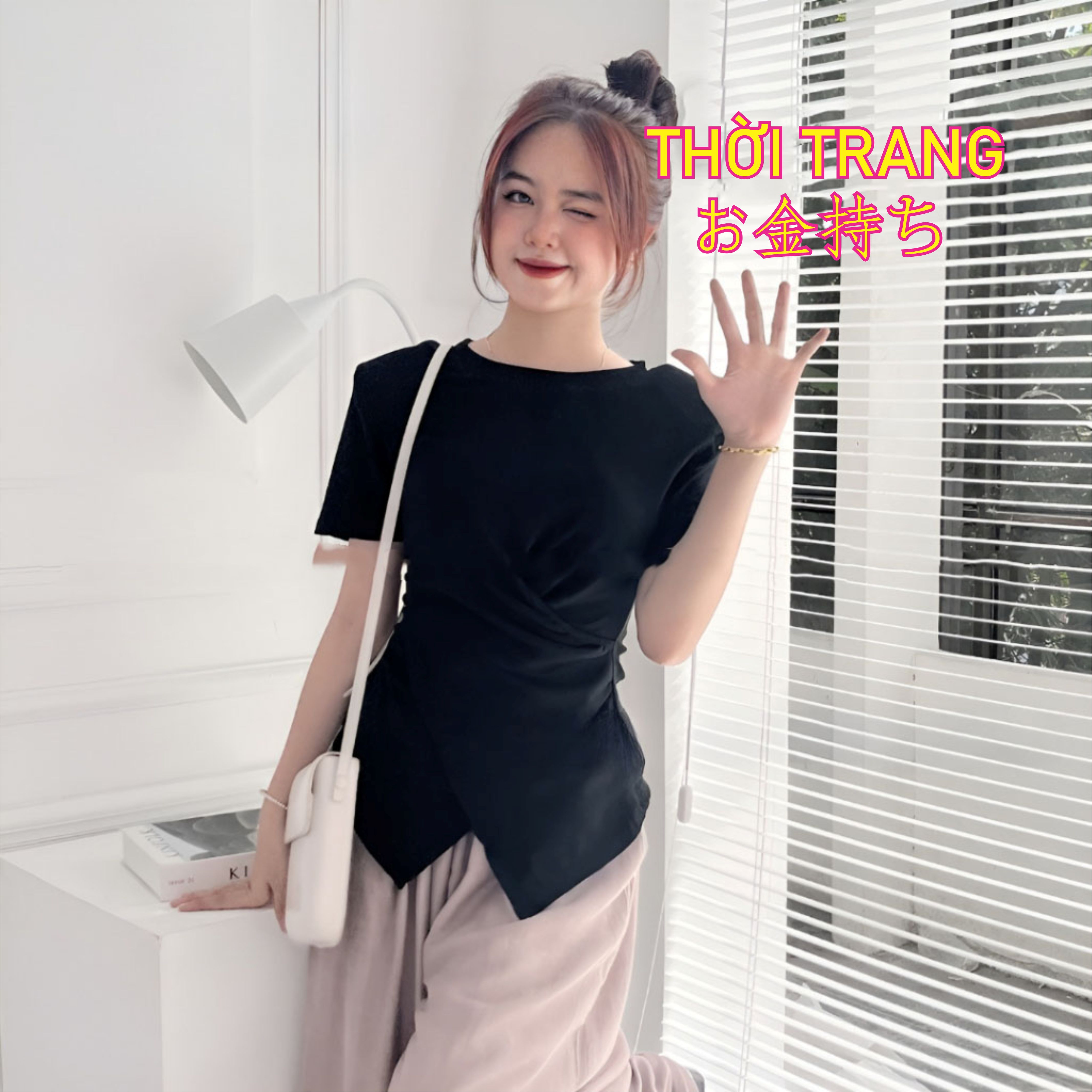 Áo thun cổ tròn xoắn bụng đệm vai 3112