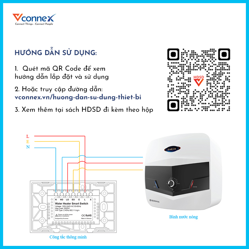 Công tắc cho bình nước nóng thông minh chống giật Vconnex, Kết nối Wifi, hẹn giờ Bật Tắt, công suất 2500W từ Techino&quot;