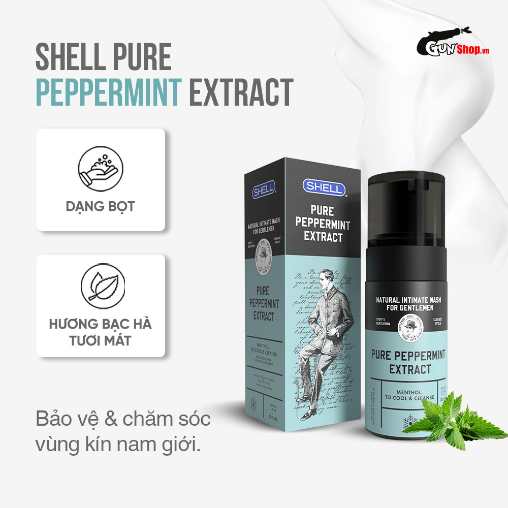 Dung dịch vệ sinh nam dạng bọt, tinh chất bạc hà tươi mát - Shell Pure Peppermint Extract kèm 1 chiếc BCS Gun Super Thin