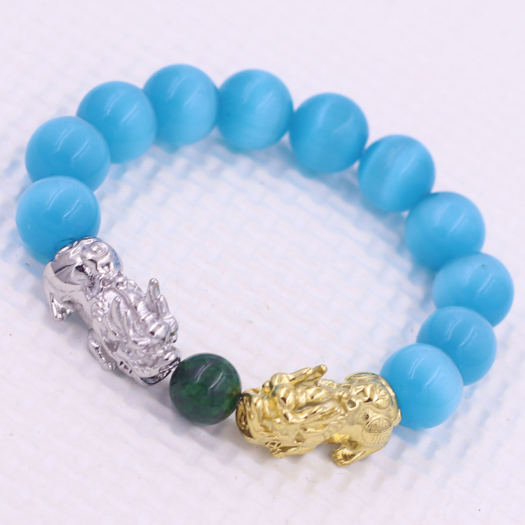 Vòng chuỗi đeo tay đá mắt mèo xanh biển 12 ly charm tỳ hưu đôi inox trắng và vàng, vòng chuỗi phong thủy, charm tỳ hưu, vòng tay hạt chuỗi