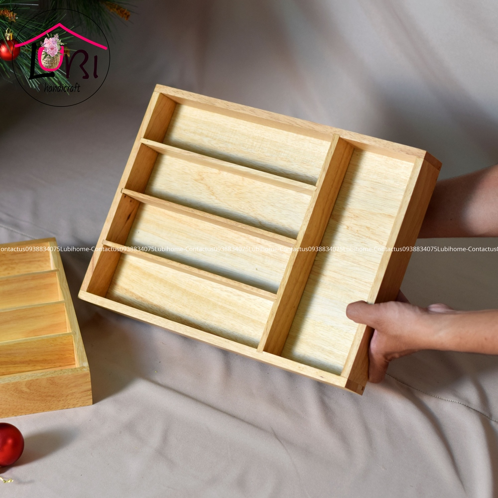 Lubihandicraft - Khay gỗ thông đựng muỗng nĩa 5 ngăn - cao cấp