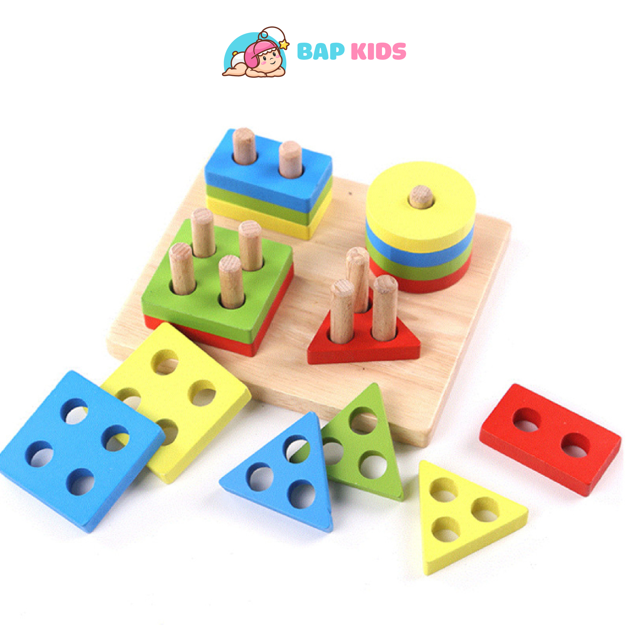 Đồ chơi montessori thả hình khối luồn cọc - Đồ chơi giáo giục hình học bằng gỗ