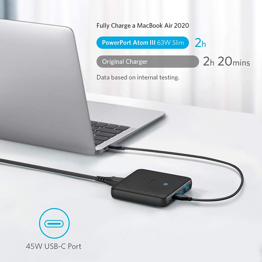 Adapter sạc Anker 4 cổng 63W / 45W GaN + PIQ 3.0 PowerPort Atom III Slim Tích Hợp USB Type-C - A2046 - Hàng chính hãng - Đen