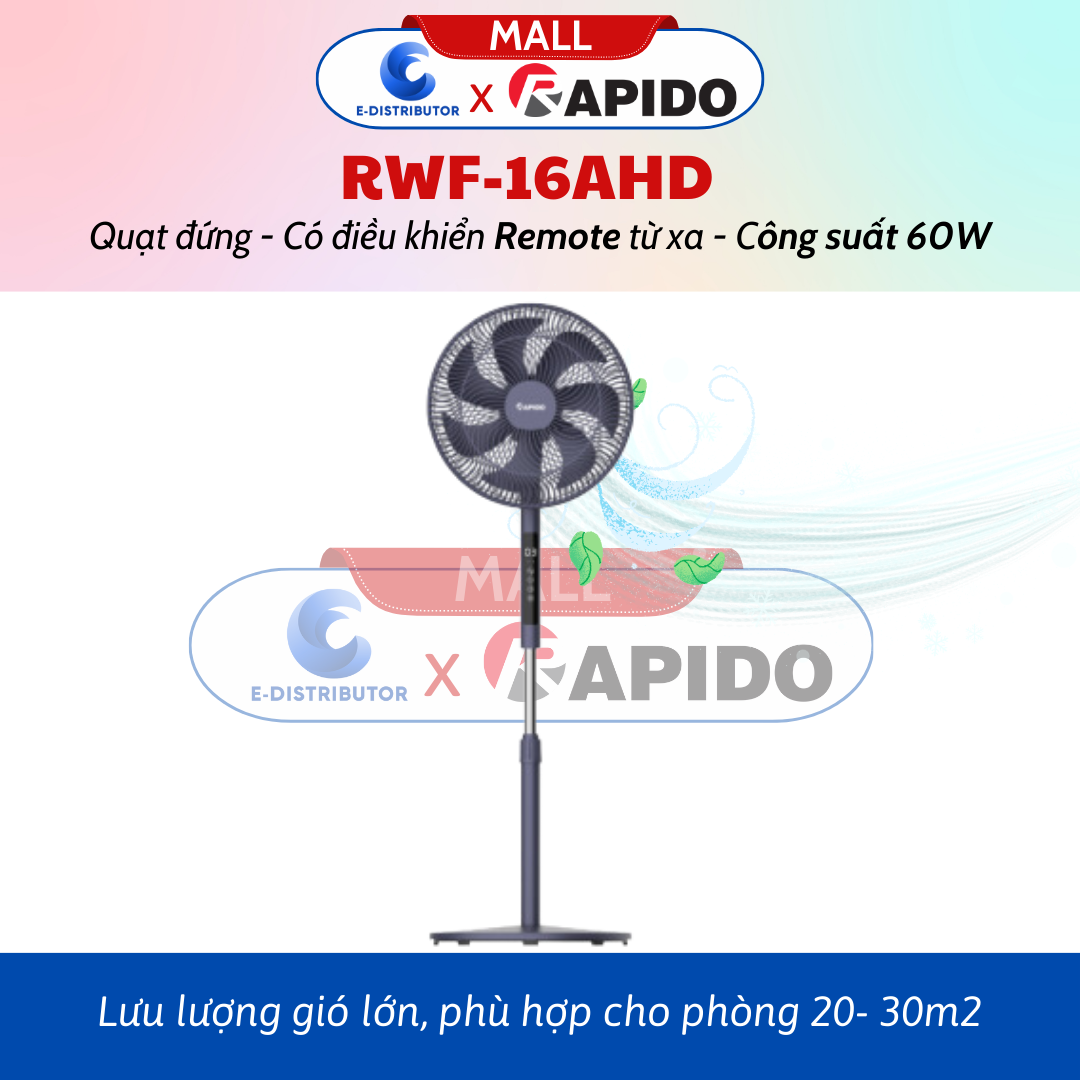 Quạt đứng Rapido RWF-16AHD (Điều khiển từ xa) - Có Chức Năng Điều Khiển Remote Từ Xa - Hàng Chính Hãng - Bảo Hành 12 Tháng