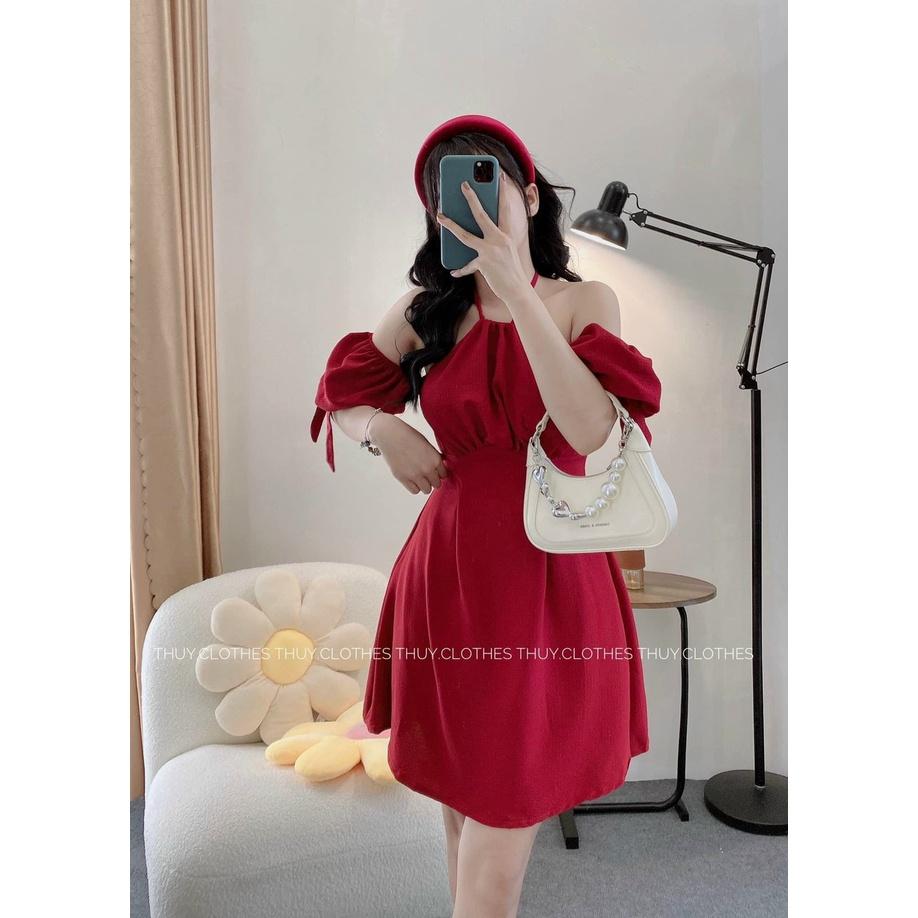Đầm đỏ cổ yếm khoét vai tay thắt nơ đi chơi noel du xuân đón tết
