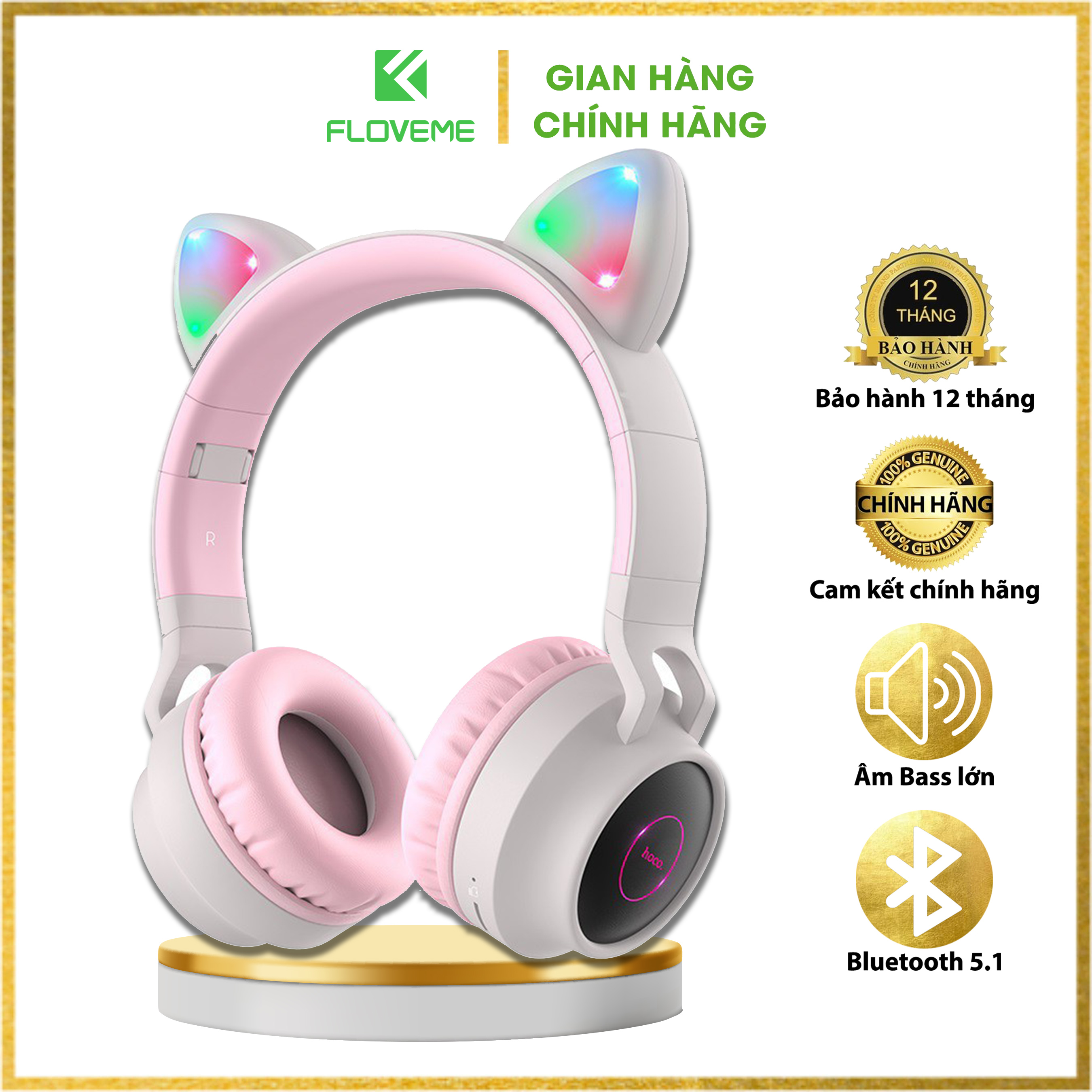 Tai nghe FLOVEME BT28 chụp tai kết nối bluetooth 5.0 hình mèo , kèm dây , Tai mèo có led, có nhiều màu. kiểu dáng siêu cute - Hàng chính hãng