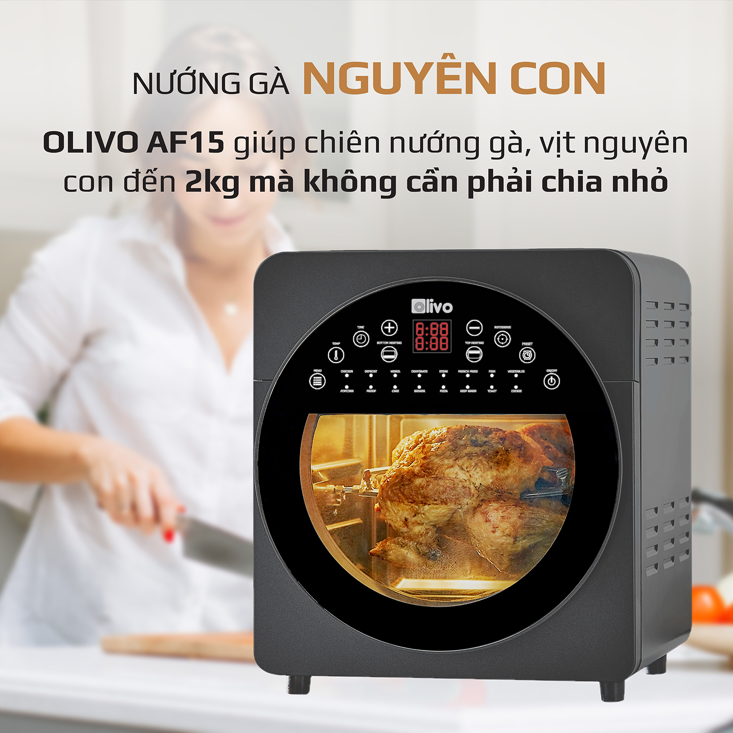 Nồi Chiên Không Dầu OLIVO AF15 16 Chức Năng - Dung Tích 15L - Công Suất 2000W - Thương Hiệu Mỹ