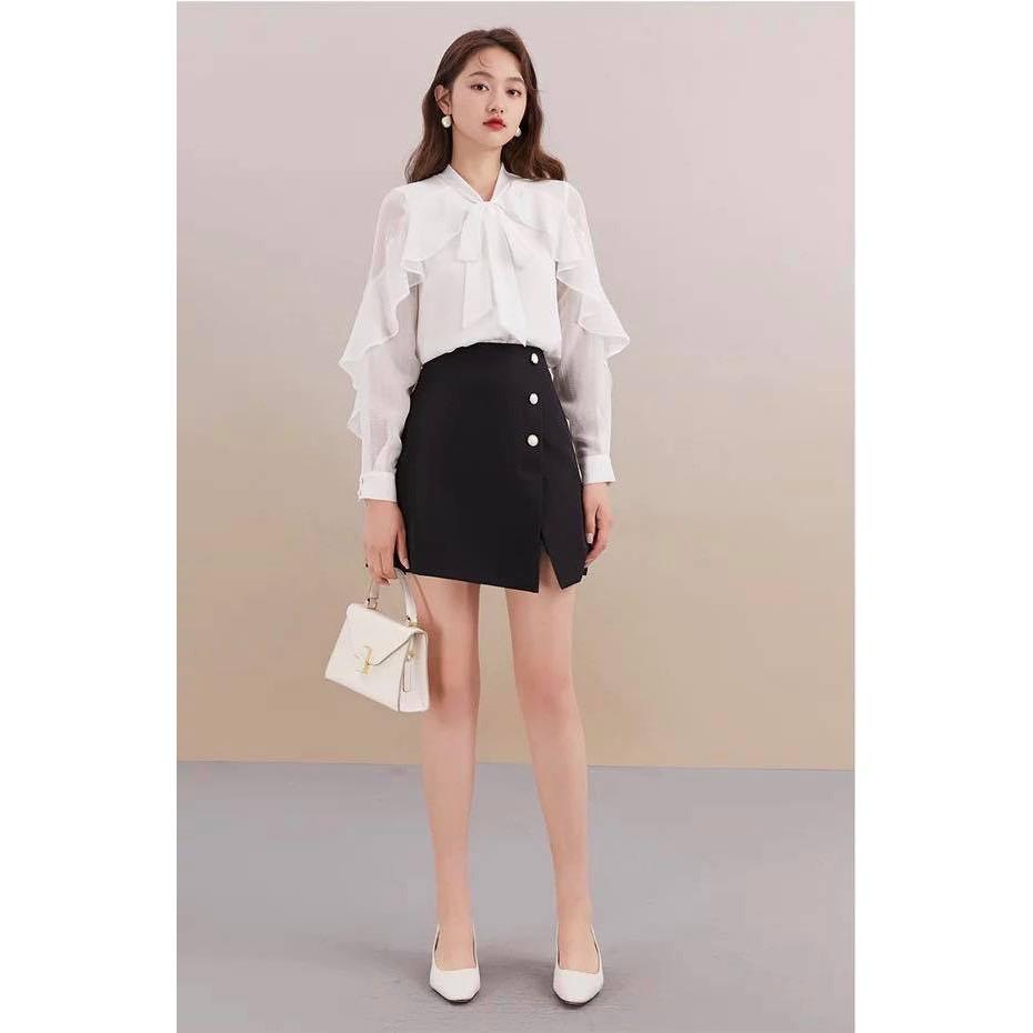 Áo sơ mi trắng nữ thiết kế cổ nơ phối tay bèo size S M L