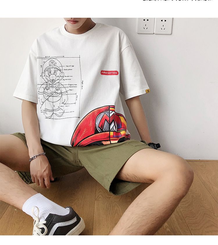 Áo thun nam cotton form rộng in hình super mary, thời trang phong cách trẻ - Trắng