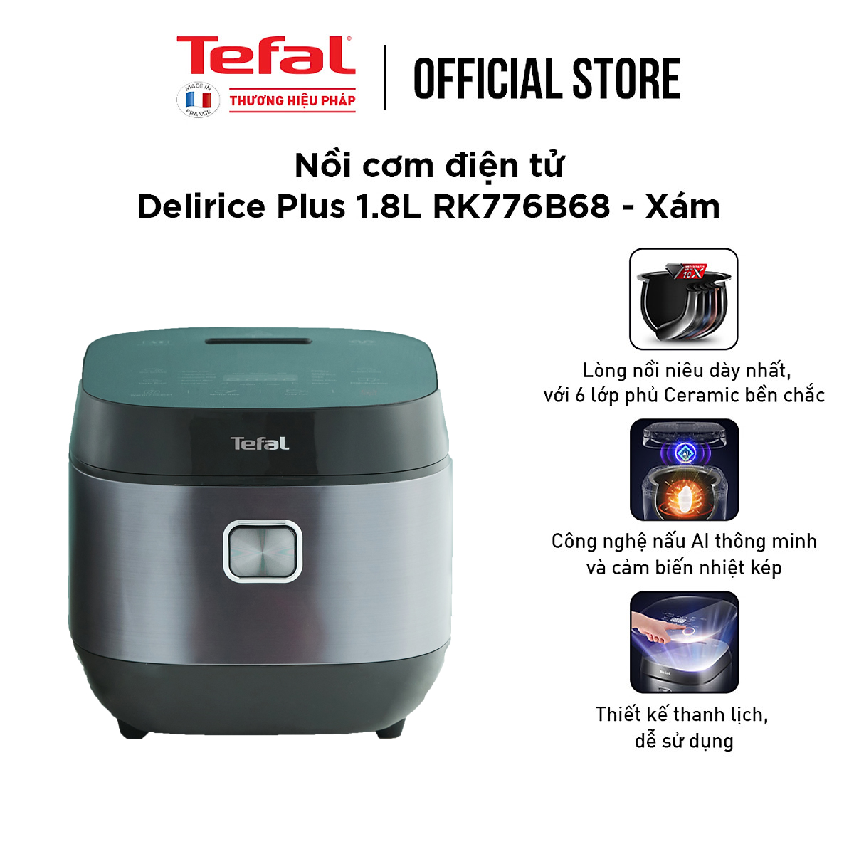 Nồi cơm điện tử Tefal 1.8L - Lòng nồi siêu dày 4mm RK776B68 - Xám - Hàng chính hãng