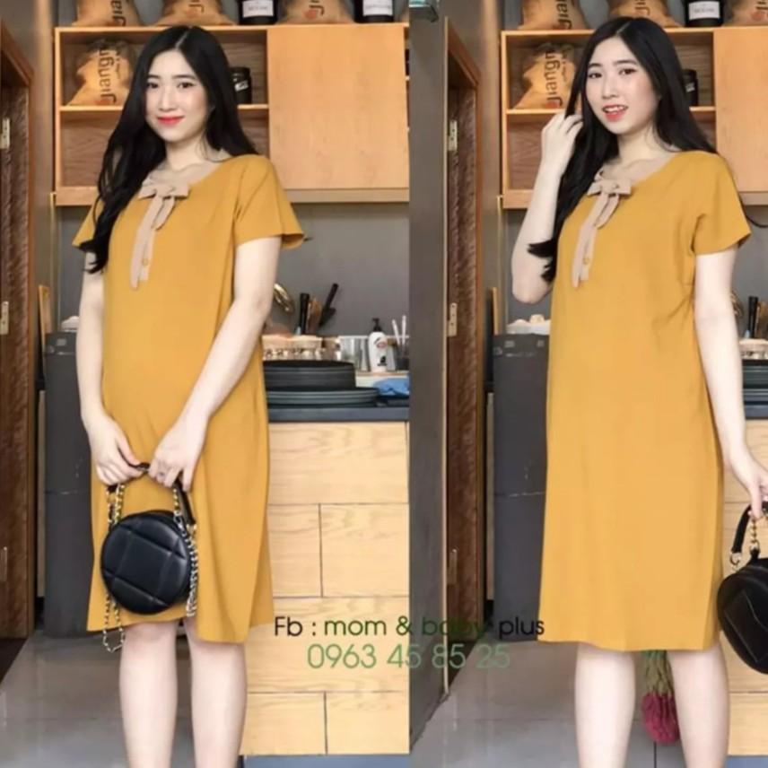 Váy bầu công sở thiết kế dáng xuông nơ cổ xinh sắn