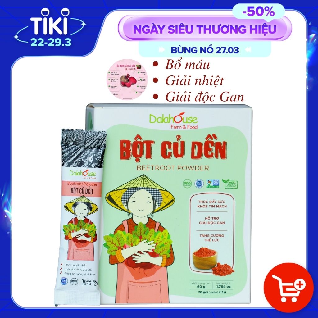 Bột củ dền hữu cơ sấy lạnh Dalahouse - Hộp 20 gói 3gr tiện lợi - Thúc đẩy sức khỏe tim mạch, hỗ trợ giải độc gan, tăng cường thể lực