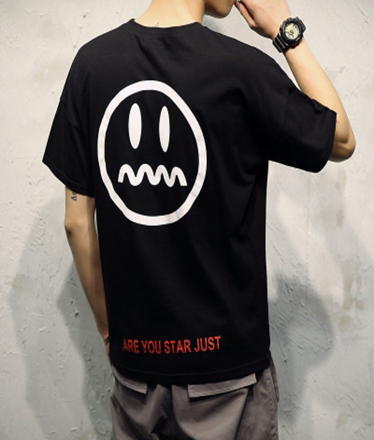 Áo T-shirt nam, cộc tay, họa tiết in hoa, họa tiết hình mặt cười, phong cách Hàn Quốc, phù hợp cho mùa hè TA17