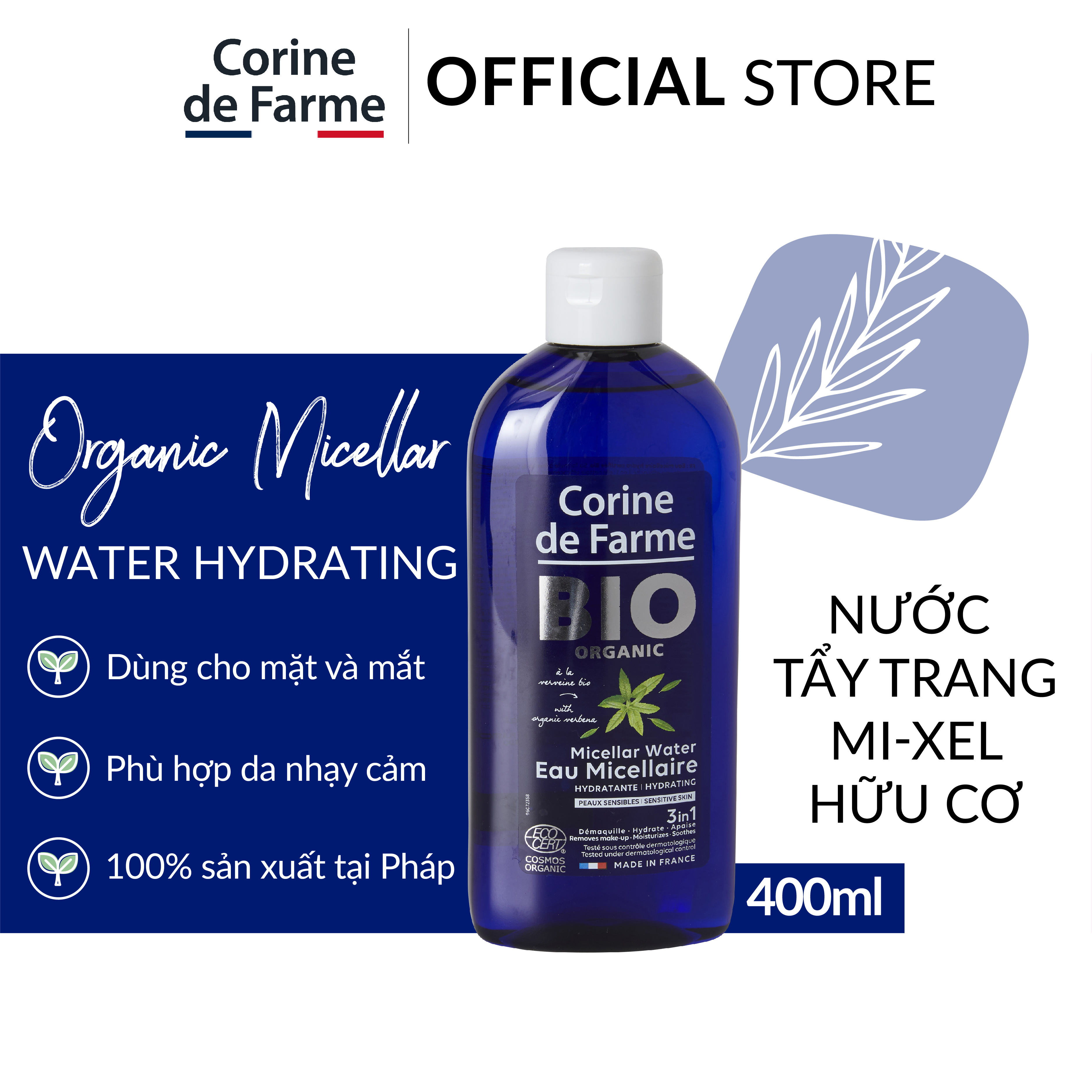 Nước Tẩy Trang Hữu Cơ Corine de Farme Organic Micellar Water Hydrating 3in1 cho da nhạy cảm