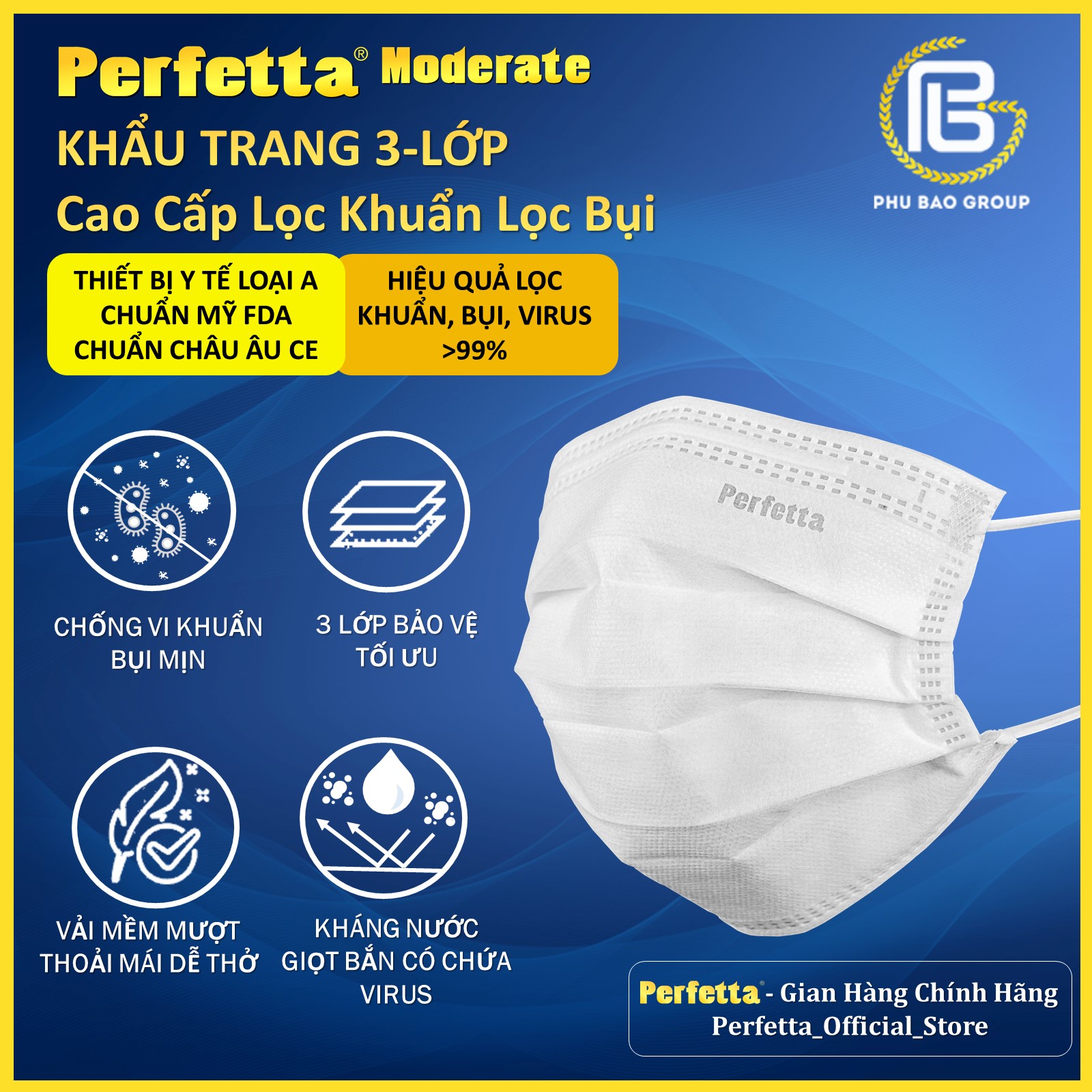 [1 HỘP - PERFETTA MODERATE] - Khẩu Trang Y Tế Chất Lượng Cao, Kháng Khuẩn, Chống Bụi Mịn, Màu Trắng, 3 Lớp, Bảo Vệ Tối Ưu - (50 cái/ hộp)