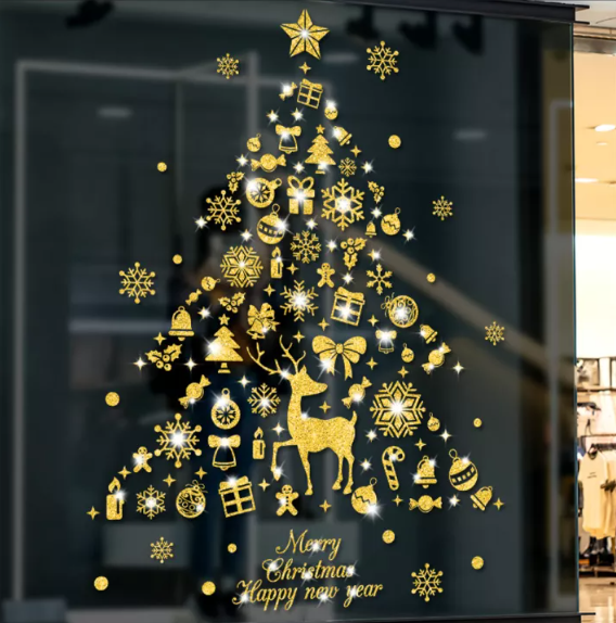 Decal trang trí Noel - Cây thông phụ kiện noel nhũ kim tuyến