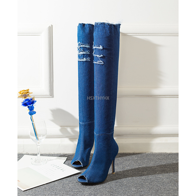 Denim Thời Trang Cao Cấp Ống Stovepipe Co Giãn Giày Nhọn Trên Đầu Gối Giày Tốt Với Nữ Cao Gót Giày thủy Triều Mùa Đông
