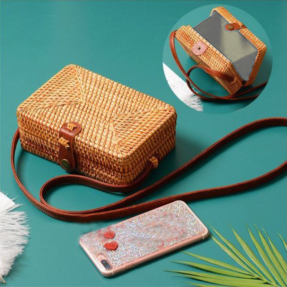 Túi cói chữ nhật kiểu messenger phong cách Boho thanh lịch - Với Móc khóa hình sóc chuột cực cute