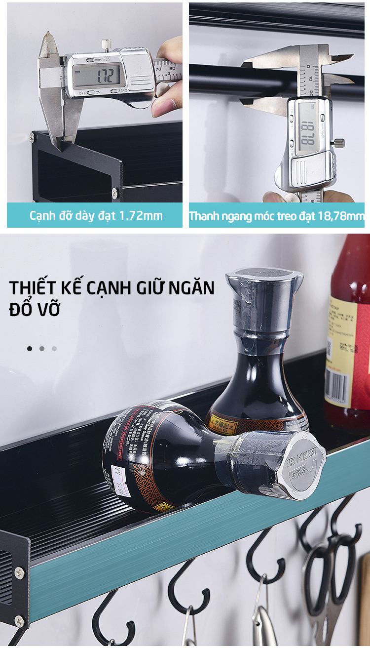 Kệ gia vị đa năng khoan hoặc dán tường có móc treo phụ kiện bếp cho gia đình, nhà hàng