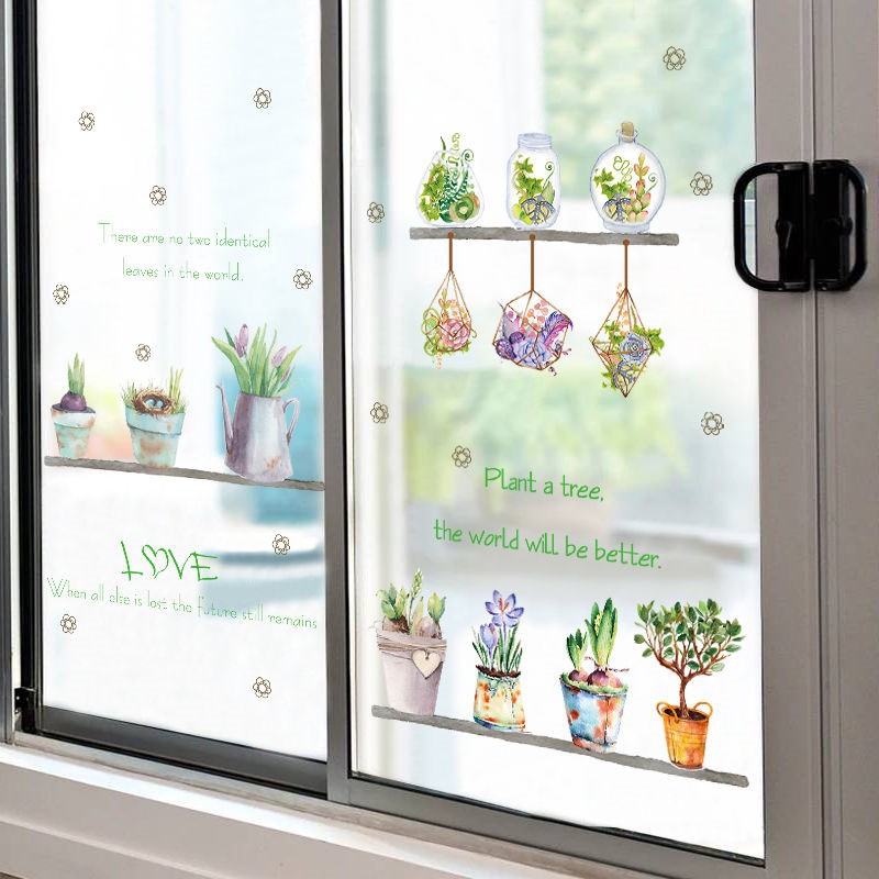 Decal dán tường trang trí xanh mát những chậu hoa nhỏ dễ thương
