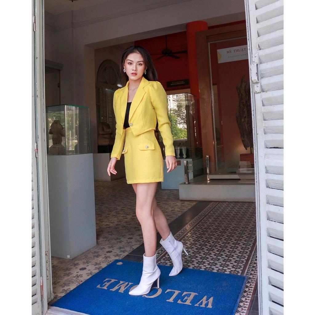 KIOBI - Chân váy Ibiza form mini, dáng váy chữ A, eo lưng cao, vải tweed mỏng vàng - KIV20121V