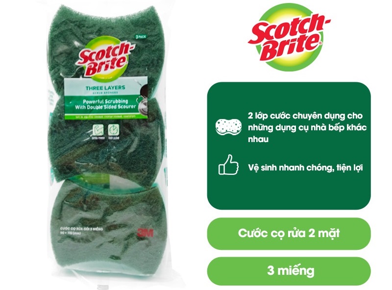 Gói 3 miếng rửa chén 2 mặt không trầy xước Scotch-Brite 3M CR-2MG3 - đa năng, 3 tác động làm sạch, độ bền cao, công nghệ độc quyền