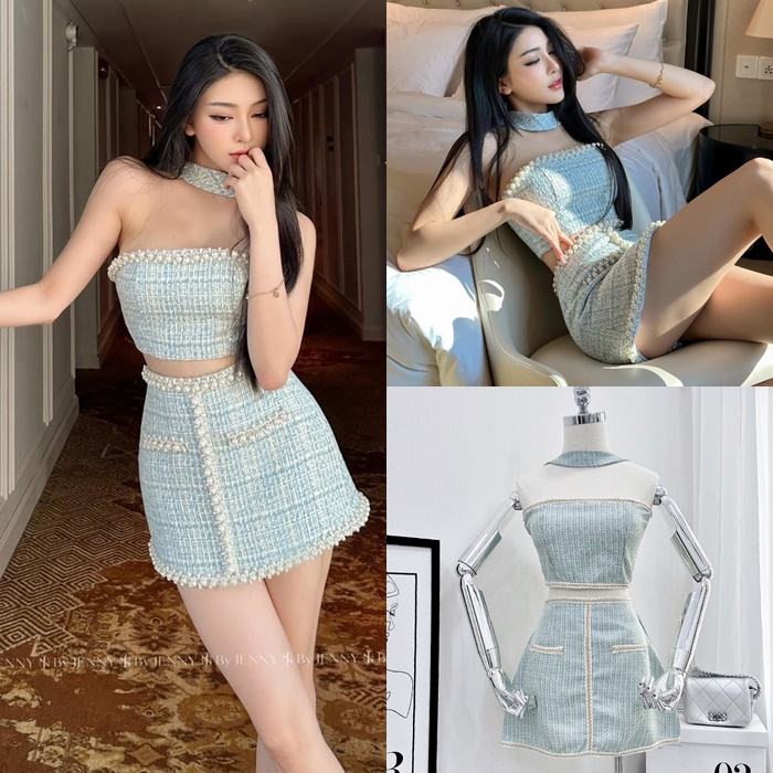 ĐẦM SET ÁO ỐNG CROPTOP ÔM BODY DÂY YẾM CHOKER + CHÂN VÁY NGẮN CHỮ A LƯNG CAO SUÔNG SỌC ĐI CHƠI ĐI TIỆC DẠO PHỐ ĐI BIỂN