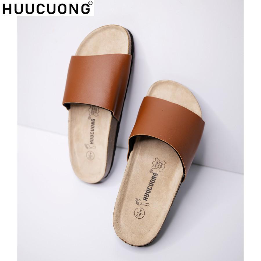 Dép unisex HuuCuong 1 quai pu nâu đế trấu