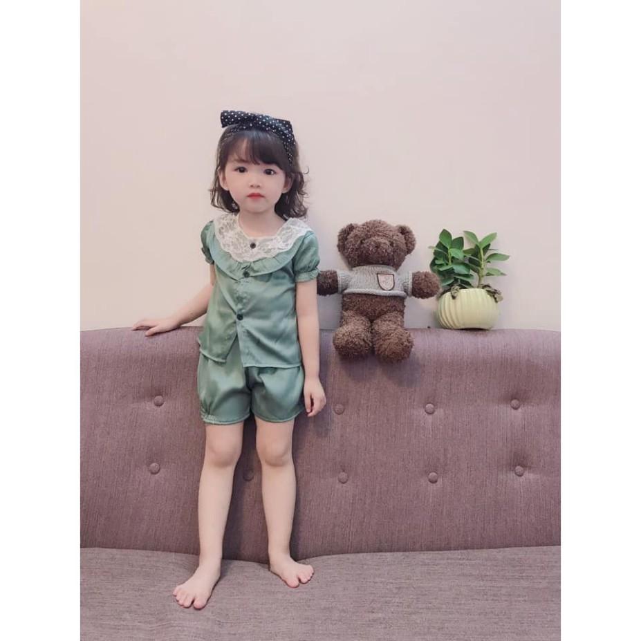 Bộ ngủ Pijama phi lụa cổ ren cho bé gái từ 8kg đến 25kg