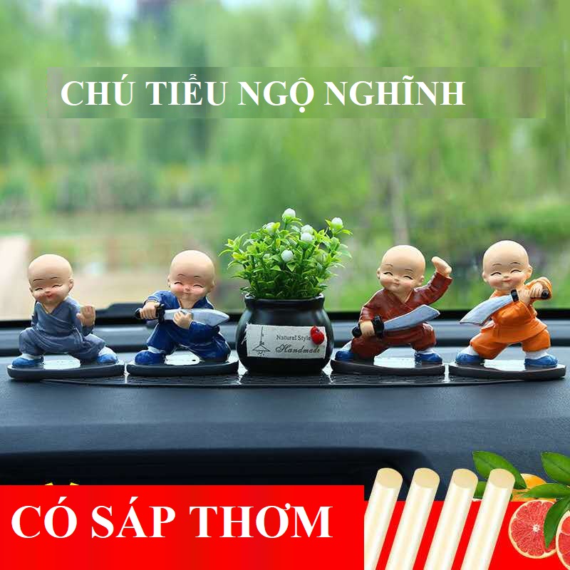 Combo 4 Tượng chú tiểu trang trí taplo ô tô, tượng nhà sư để taplo, đồ trang trí taplo ô tô
