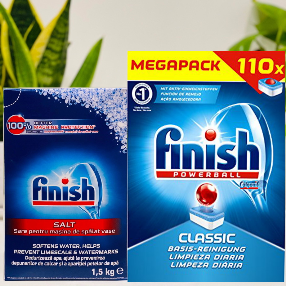 Muối Finish 1.5kg+Viên rửa bát Finish 110 viên (Đức) dùng cho máy rửa chén bát