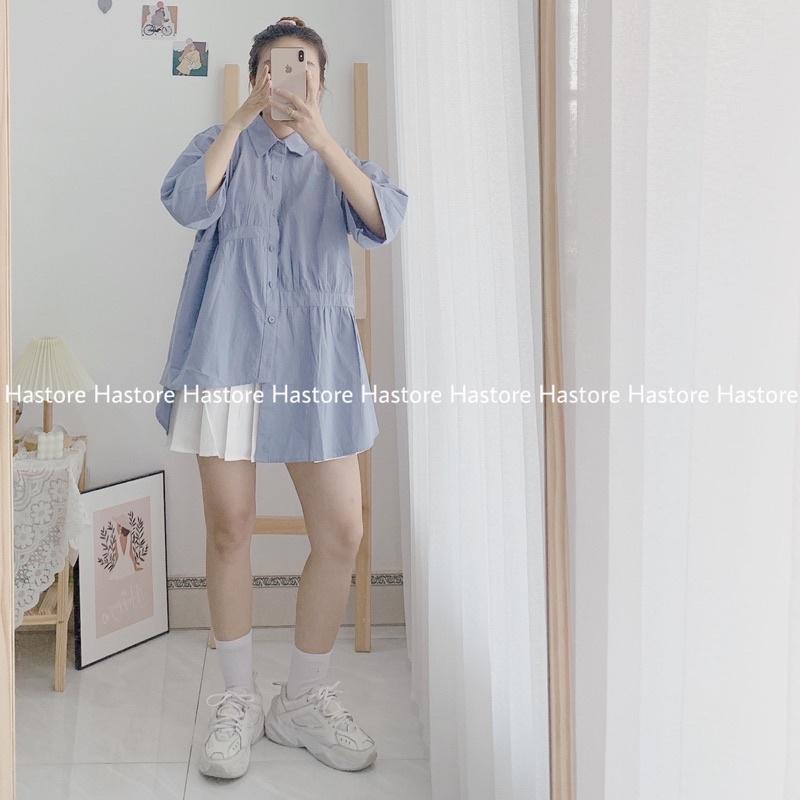 Sơ mi lệch tà trắng / xanh