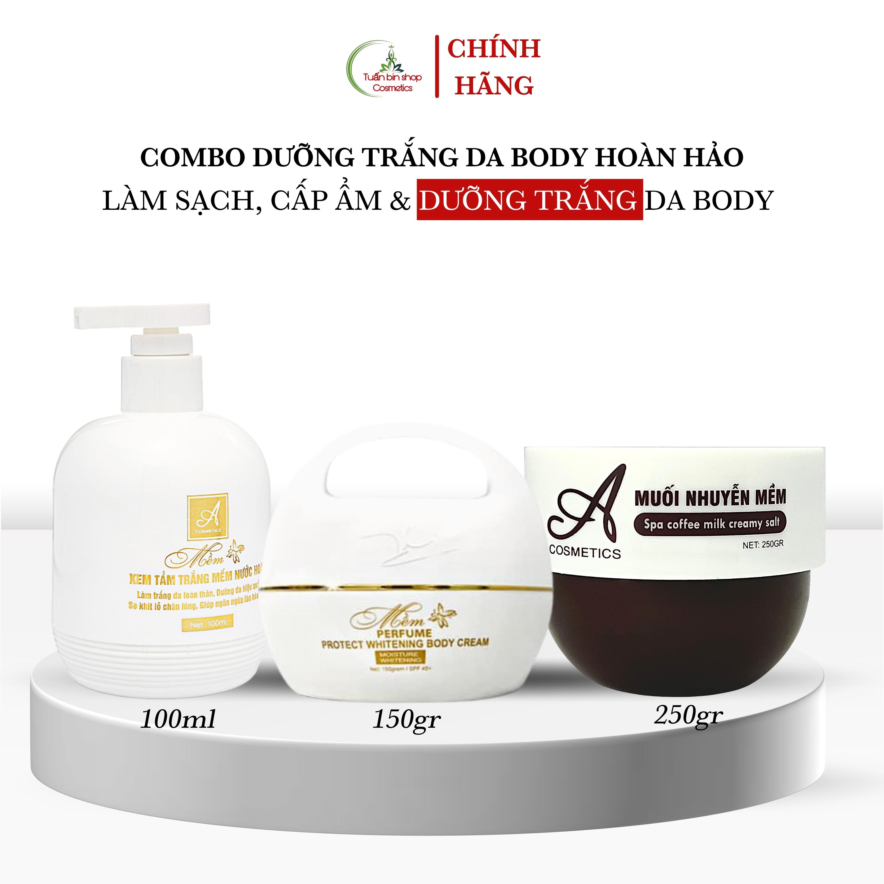 Hình ảnh Combo kem trắng da body hoàn hảo Acosmetics, Kem body mềm, kem tắm trắng toàn thân, muối tẩy tế bào chết 500g