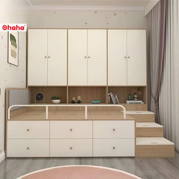 GIƯỜNG NGỦ GỖ CÔNG NGHIỆP ĐA NĂNG NHIỀU TỦ KỆ OHAHA 001