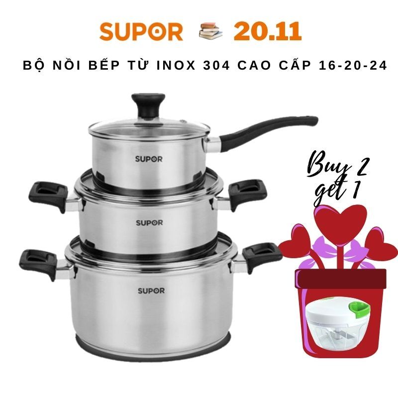 Bộ nồi  bếp từ inox cao cấp 100% chất liệu 18/10  Supor 16-20-24cm hàng chính hãng H20211-T1