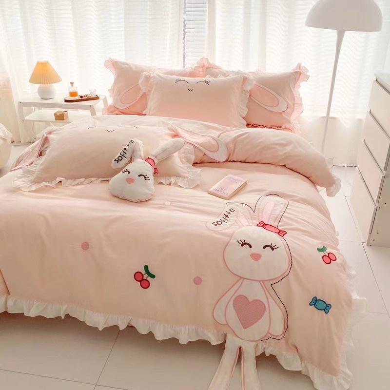 Bộ Chăn Ga Gối Cotton Linen Disney Hàng Nhập Khẩu Cao Cấp 5 Món Thỏ Hồng