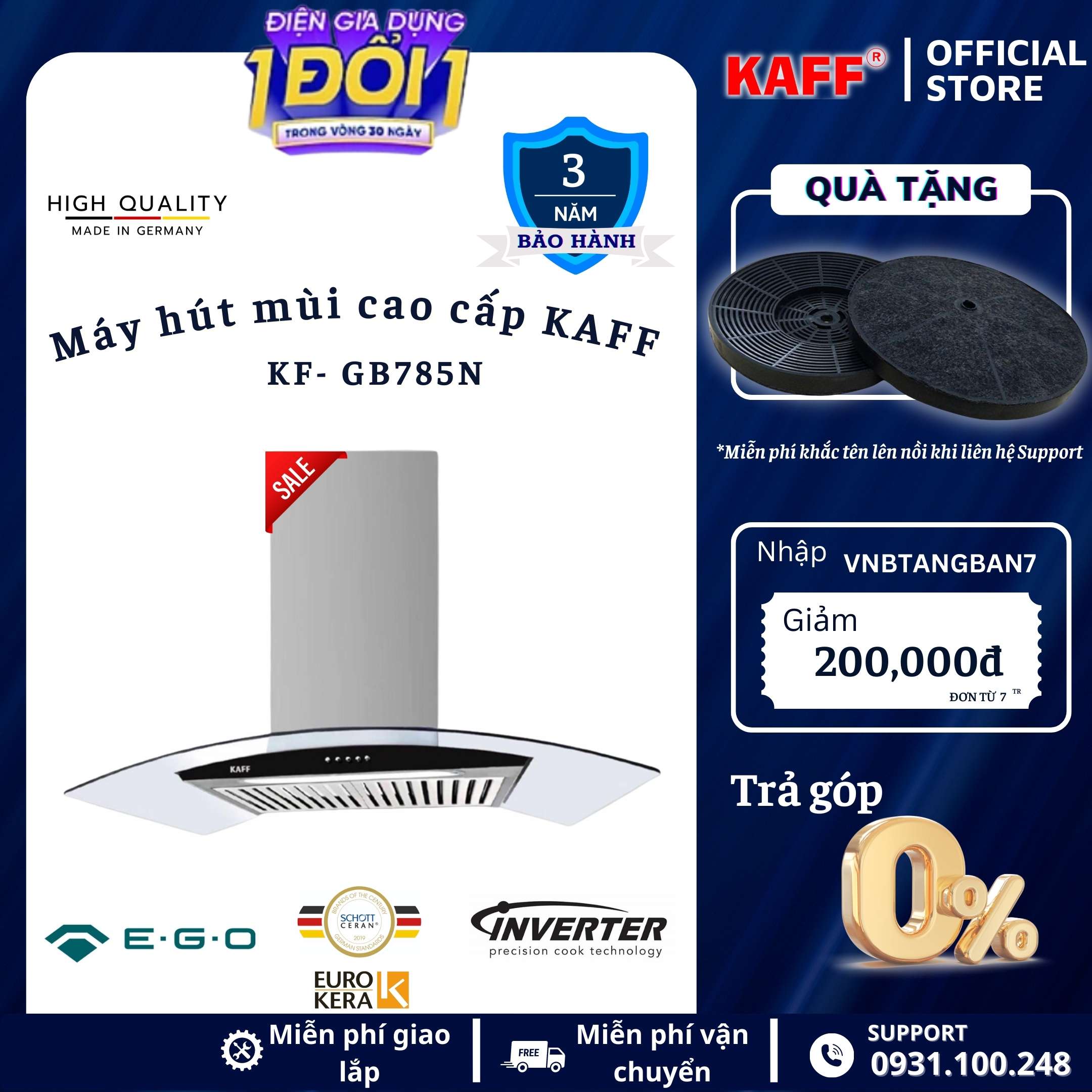 Máy hút mùi kính cong 700mm KAFF KF-GB785N Tặng bộ lọc than thay thế  - Hàng Chính Hãng