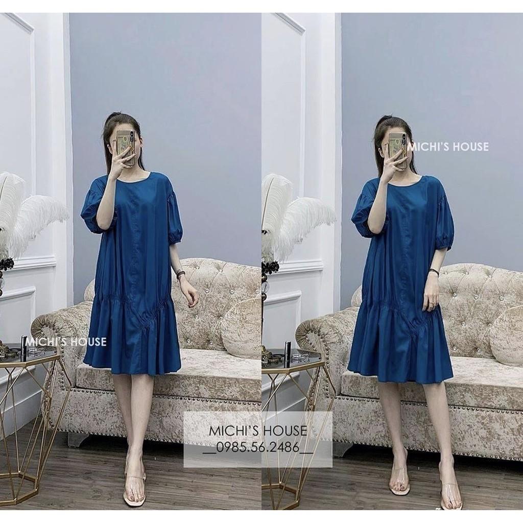 Vaý suông kiểu dúm đuôi cá, đầm xuông rộng freesize tay bo phồng 2 màu be, nâu mã V192 - Michi's House