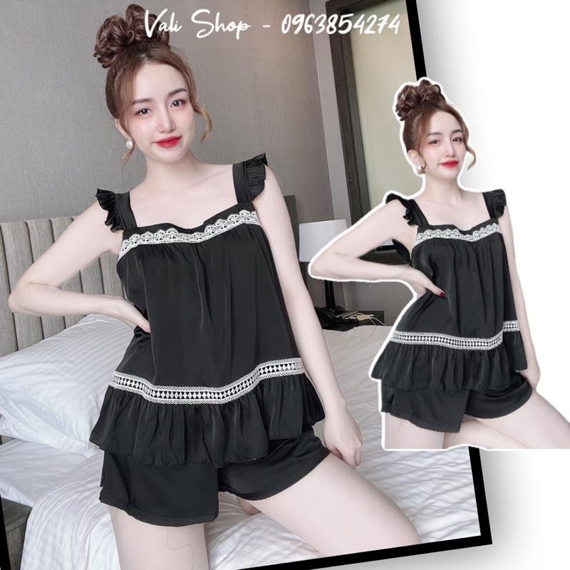 Đồ ngủ lụa latin cao cấp 2 dây cột nơ màu trơn quần phối ren freesize 40-57kg