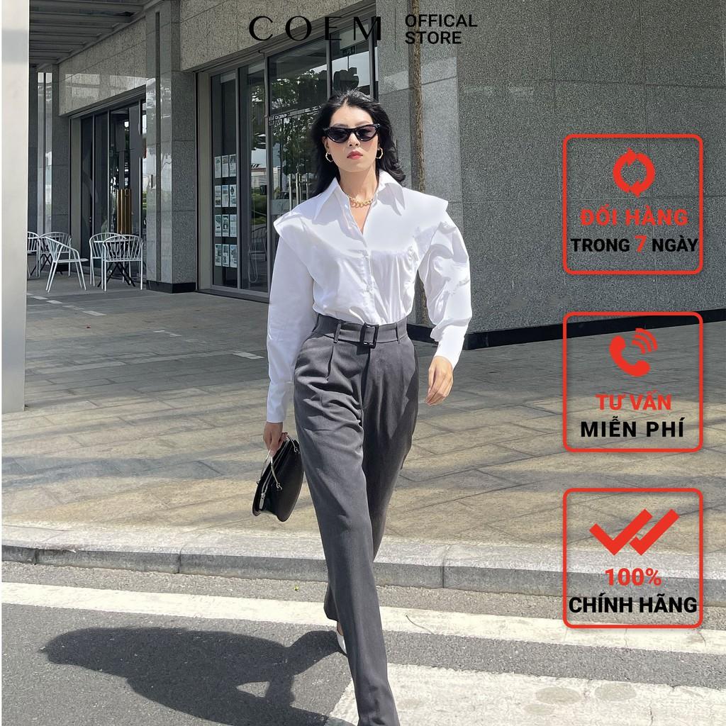 Quần Tây Cạp Cao Kèm Thắt Lưng Màu Xám Chất Liệu Kaki Mềm CO EM Thiết Kế
